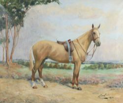 Cecil Wilson, 1935,(English) oil on canvas, study of a horse in landscape 63cm x 75cm Holed and