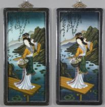 Early 20th Century Chinese reverse paintings on glass, studies of ladies in mountainous landscapes