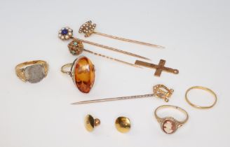 A yellow metal ring size K, 3 others - K, M and P, 3 tie pins and minor studs etc, gross weight 15.7