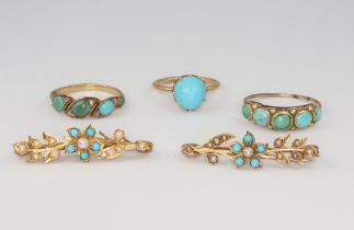 An Edwardian yellow metal turquoise ring size K 1/2, ditto P 1/2, another size J, 2 bar brooches,