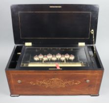 A Bremond style 19th Century cylinder musical box with 9 engraved bells, 38cm cylinder and 37cm