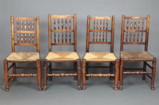 A harlequin set of 4 18th/19th Century elm spindle back dining chairs with woven rush seats 92cm h x