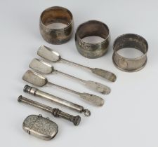 A pair of silver napkin rings Sheffield 1957, 1 other, a vesta, 3 spoons and a propelling pencil