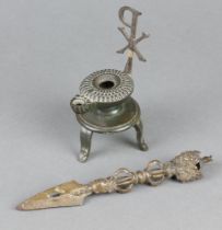 A bronze Roman style oil lamp decorated a Chi Rho 13cm x 6cm together with a miniature pierced