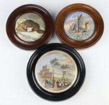 Three Prattware pot lids - Great Exhibition 1851 13cm, dog and ram 10cm and fishing boat 10cm, all