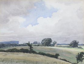 Harry George Theaker RBA (English) watercolour unsigned "Sussex Downs View" 24cm x 32cm, labels on