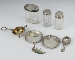 A pair of silver pin trays with Chippendale rims Birmingham 1914, tea strainer, caddy spoon, 3