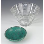 A mid-century Bohemian clear glass tapered bowl 14cm, a Swedish turquoise silver inlaid dish 14cm