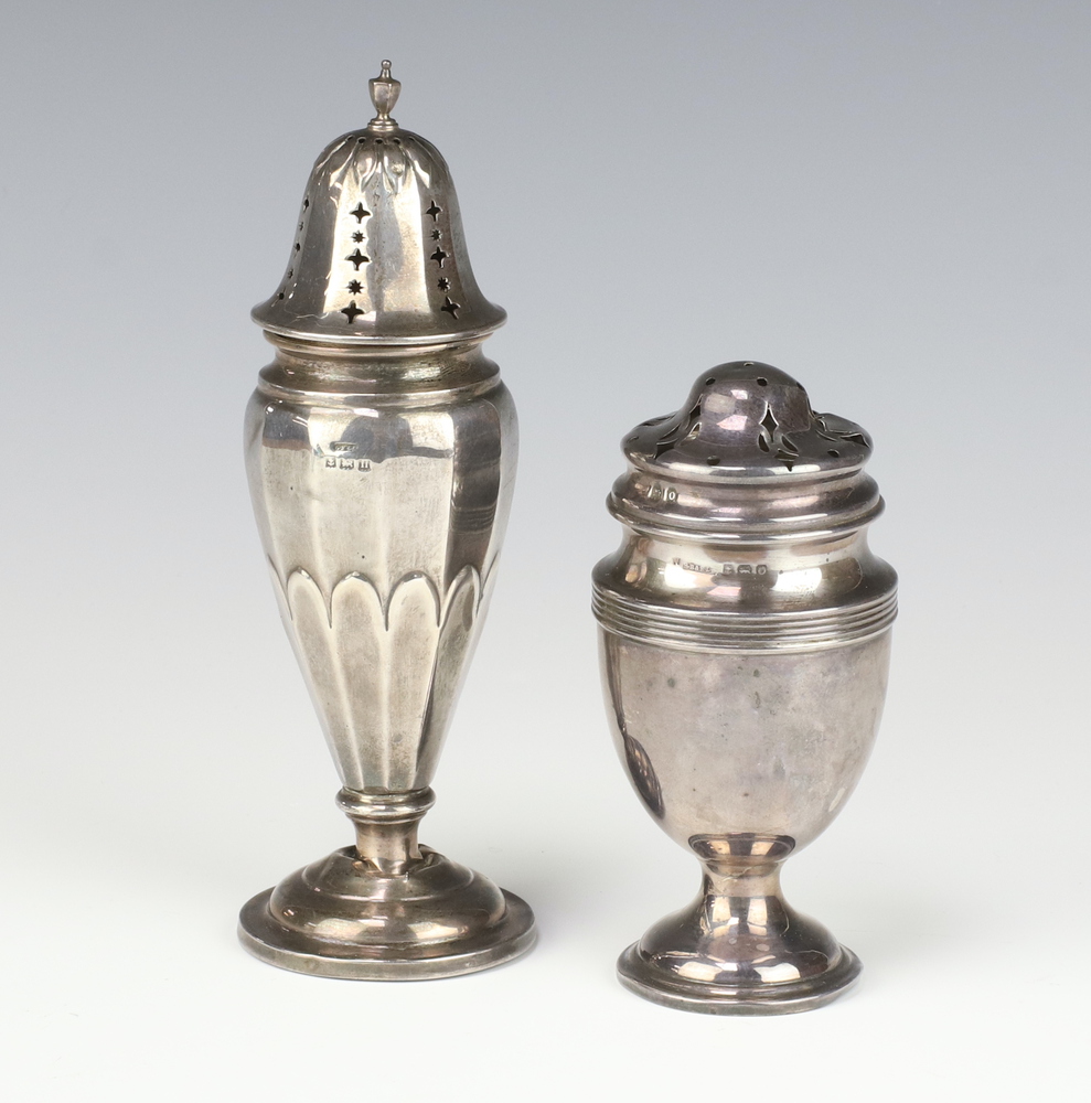 A silver shaker with vase stem, Birmingham 1913, a tapered ditto Birmingham 1912, 135 grams