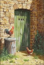 **Edward Hersey (born 1948), acrylic on board signed, chicken beside a door 16cm x 11cm ** Please