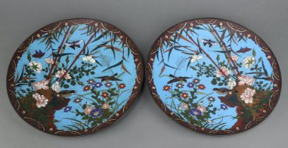 A pair of 19th Century Japanese blue and floral patterned cloisonne enamelled chargers decorated