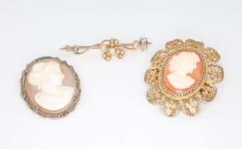 An Edwardian 15ct yellow gold seed pearl bar brooch 2.6 grams, a gilt metal cameo and a silver