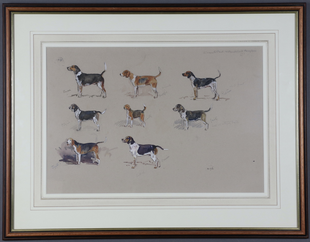 **Michael Lyne (1912-1989), gouache of Worcester Park and Buckland Beagles, 1951, inscribed in - Image 2 of 2