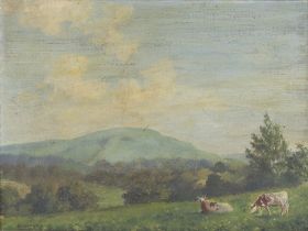 Edwin Harris, oil on canvas, a Sussex downs scene with cattle 22cm x 30cm