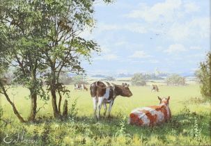 **Edward Hersey (born 1948), acrylic on board signed, cattle in an extensive landscape with