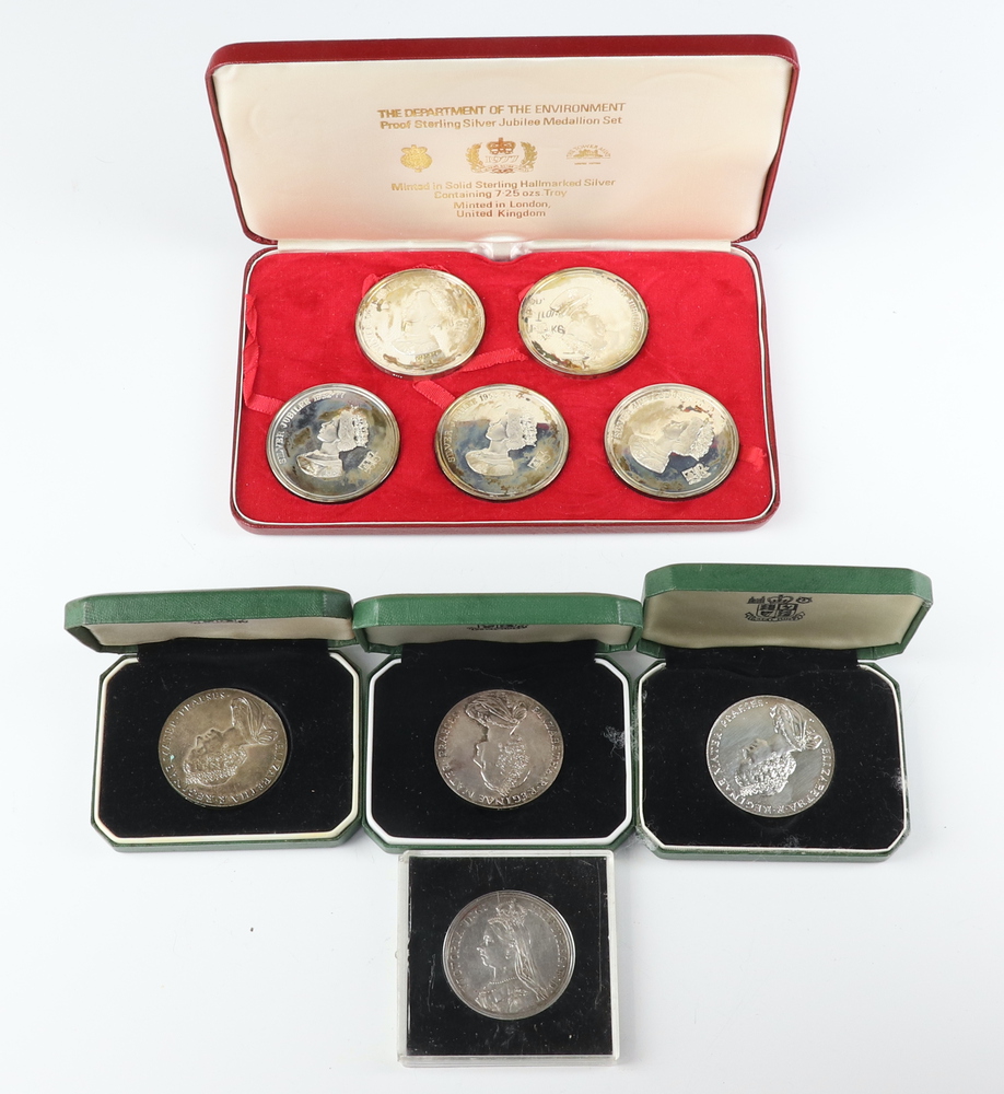 A set of 5 silver commemorative medallions no.131/7500, 3 silver National Trust medallions and an