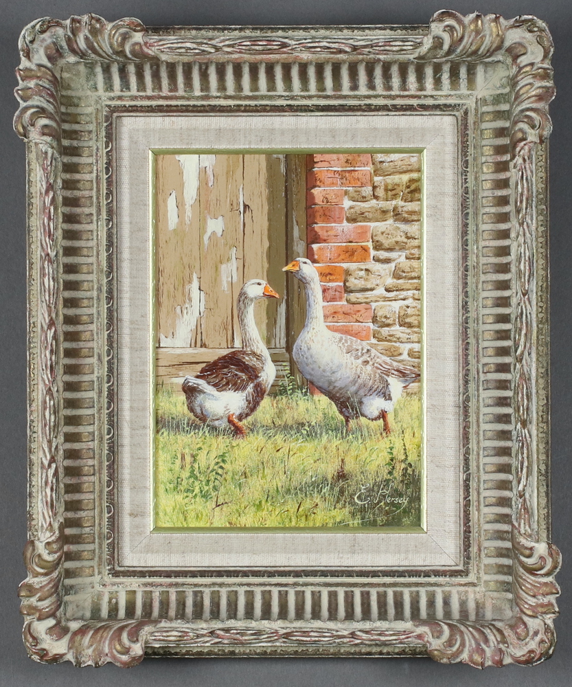 **Edward Hersey (born 1948), acrylic on board signed, geese in a farmyard 17cm x 12cm ** Please Note - Image 2 of 2