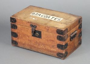 A 19th/20th Century pine metal bound tuck box with hinged lid, interior fitted a candle box 26cm h x