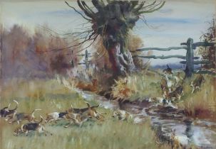 **Michael Lyne (1912-1989), watercolour signed, beagles crossing a stream 23cm x 33cm ** Please Note