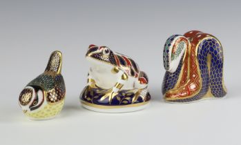 Three Royal Crown Derby Imari pattern paperweights - cobra LVII (second) 8cm, toad 8cm (no