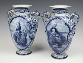 A pair of 19th/20th Century Delft twin handled vases with transfer decoration of children, bases