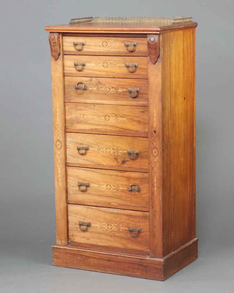 A Victorian inlaid rosewood secretaire Wellington chest with brass 3/4 gallery, fitted 2 long