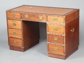 20th Century mahogany finished military style desk with brown inset leather writing surface above