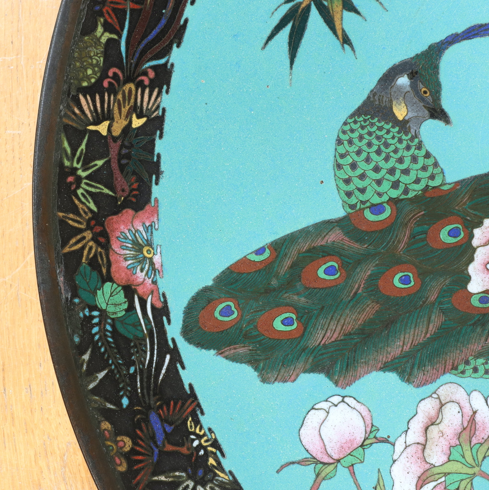 A 19th Century Japanese blue and black ground cloisonne enamelled charger decorated fabulous birds - Image 8 of 12