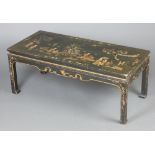 A rectangular black lacquered chinoiserie coffee table raised on square supports 44cm x 110cm x 50cm