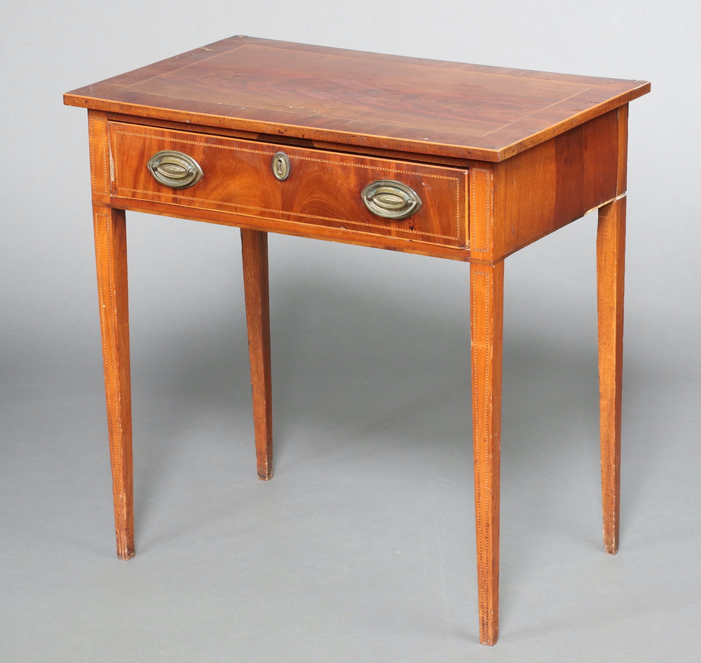 A 19th Century crossbanded mahogany side table fitted a frieze drawer, raised on square tapered