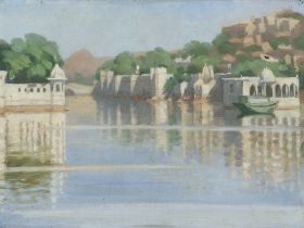 C Maxwell, oil on canvas dated 1916, Indian riverscape with buildings 27cm x 35cm, with exhibition