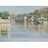 C Maxwell, oil on canvas dated 1916, Indian riverscape with buildings 27cm x 35cm, with exhibition