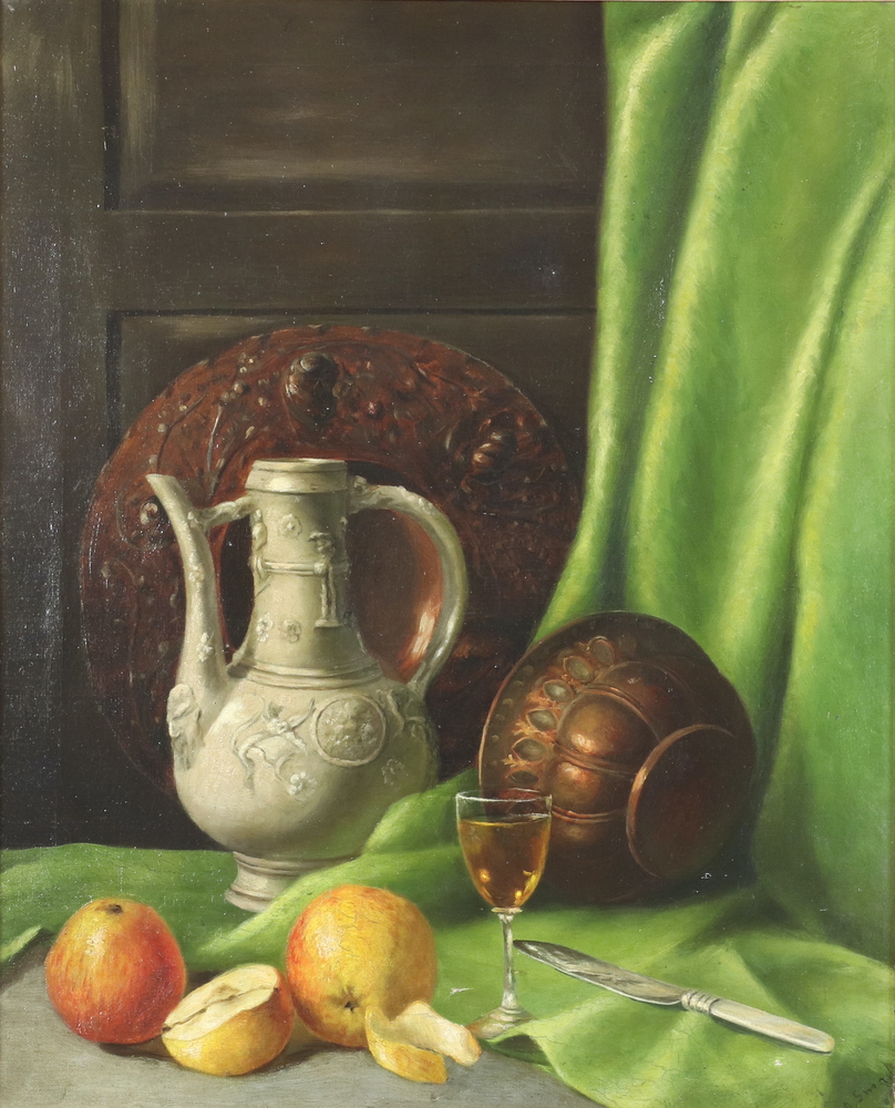 19th Century oil on canvas unsigned, still life with Continental pewter jug, copper dish and