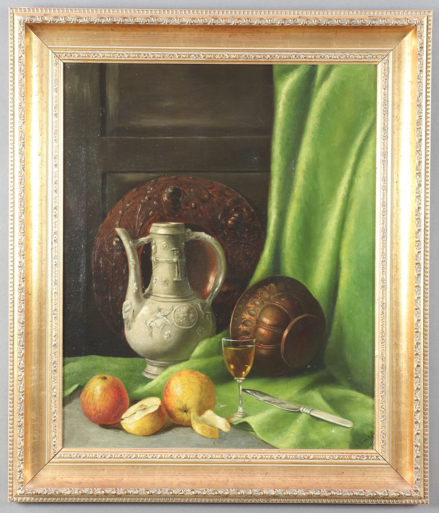 19th Century oil on canvas unsigned, still life with Continental pewter jug, copper dish and - Image 2 of 2