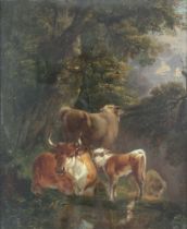 19th Century oil on panel study of cattle in a woodland scene, unsigned, 28cm x 24cm