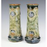 A pair of Royal Doulton green salt glazed cylindrical vases, bases impressed Royal Doulton 6699,