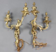 A pair of Rococo style gilt metal twin light electric wall light brackets 47cm h x 32cm