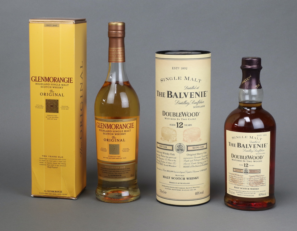 A 70cl bottle of The Balvenie Double Wood Malt whisky with tube case, together with a 70cl bottle of