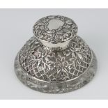 A cut glass silver mounted ink well with scroll repousse decoration, Birmingham 1901, 8.5cm There