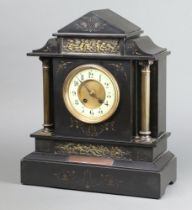 A French 8 day striking mantel clock with 12cm enamelled dial Arabic numerals contained in a