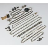 A silver flat link bracelet and minor silver jewellery including necklaces, bracelets, brooches