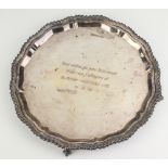 A Georgian style silver salver with pie crust rim and presentation inscription, Sheffield 1979,