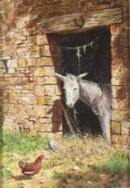 **Edward Hersey (born 1948), acrylic on board signed, donkey and chicken in a farmyard 16cm x