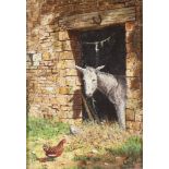 **Edward Hersey (born 1948), acrylic on board signed, donkey and chicken in a farmyard 16cm x