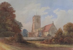 Victorian watercolour unsigned, study of a church with figures 20cm x 31cm