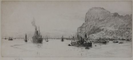 William Lionel Wyllie (1851-1931), etching of Gibraltar signed in pencil 18cm x 38cm