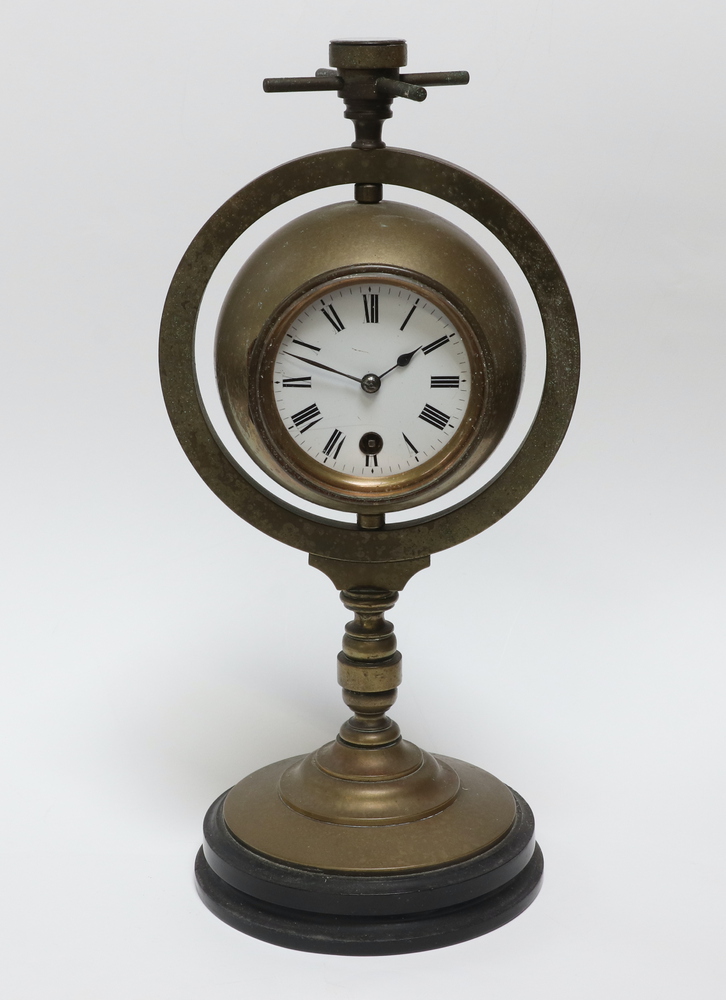 A 19th Century desk clock barometer, the top set a compass with 7cm enamelled dial, Roman - Image 2 of 7