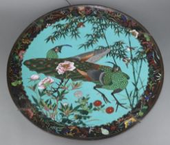 A 19th Century Japanese blue and black ground cloisonne enamelled charger decorated fabulous birds