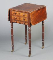 A Victorian mahogany and crossbanded rosewood drop flap work table fitted 3 drawers, raised on