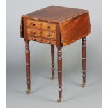 A Victorian mahogany and crossbanded rosewood drop flap work table fitted 3 drawers, raised on